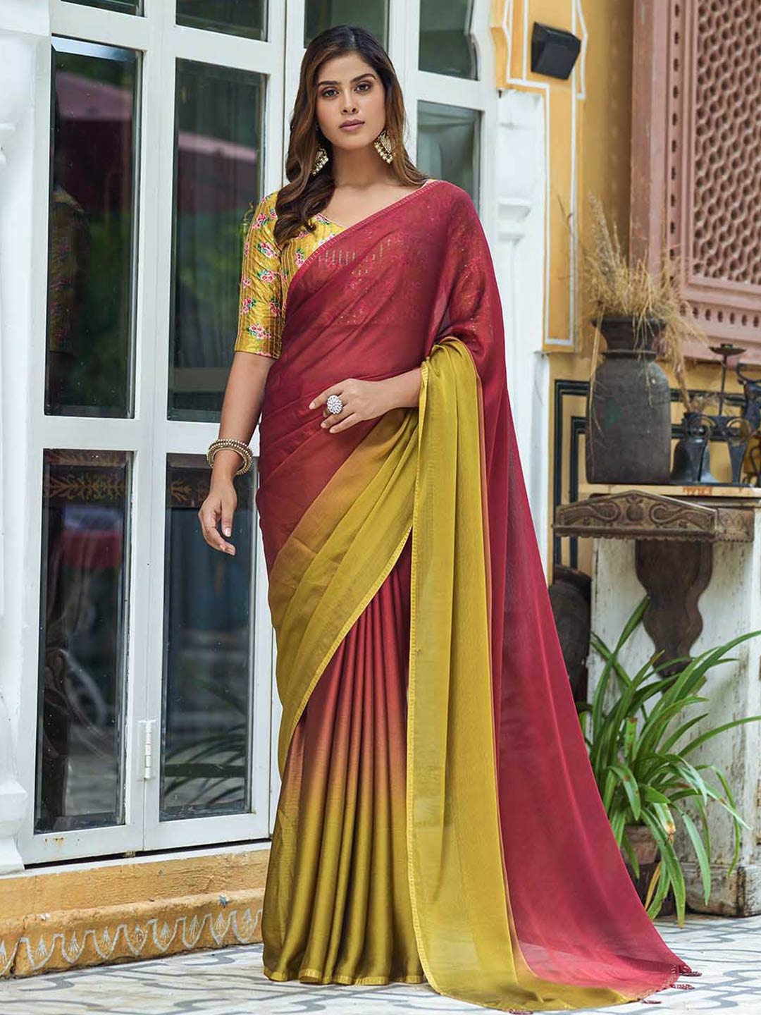 

Mitera Ombre Maroon And Green Poly Chiffon Saree