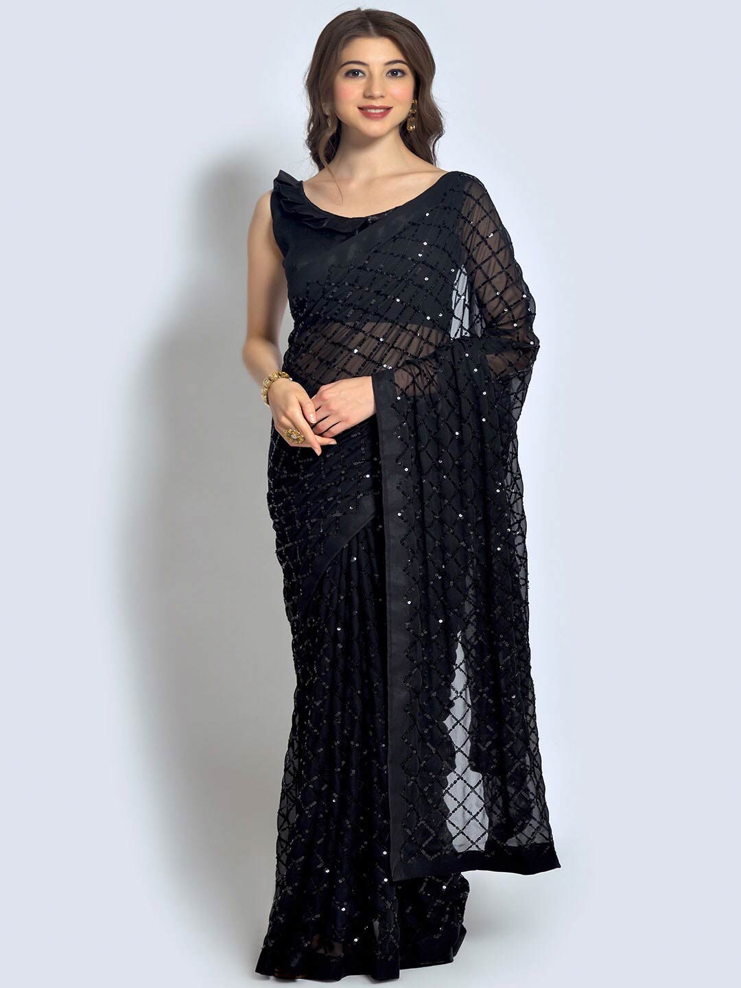 

Mitera Black Embellished Sequinned Poly Georgette Saree