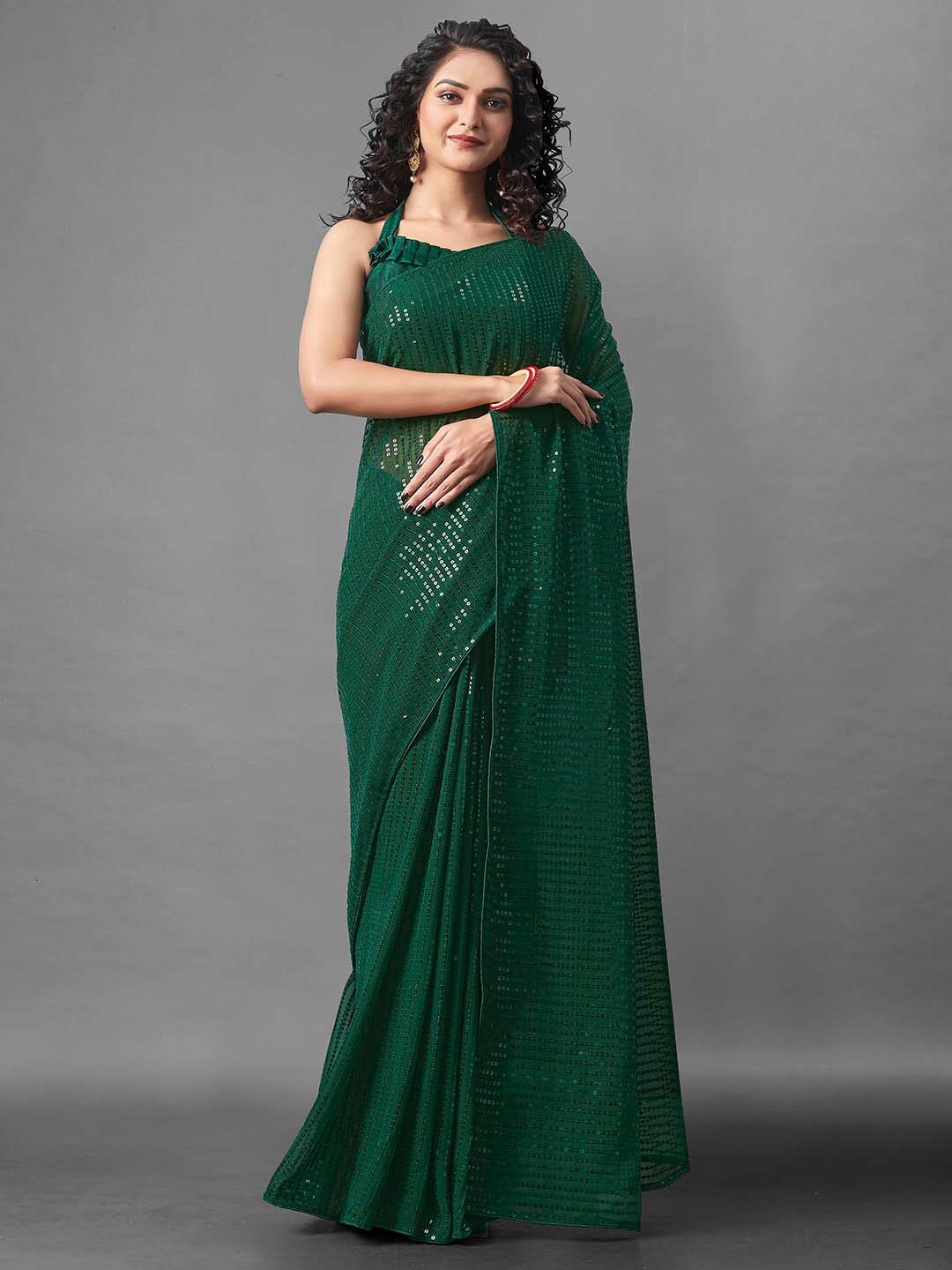 

Mitera Green Embellished Sequinned Poly Georgette Saree
