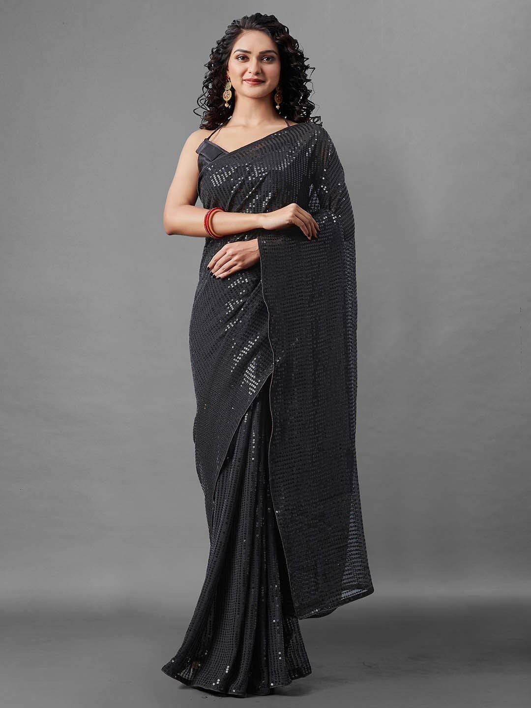 

Mitera Black Embellished Sequinned Poly Georgette Saree