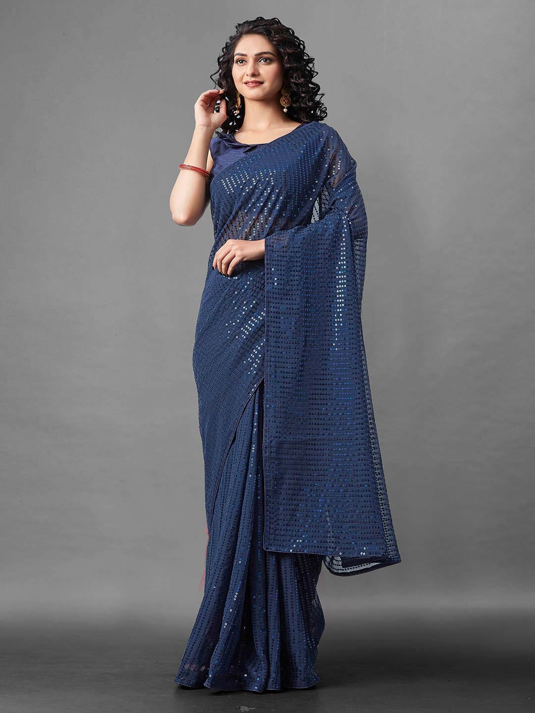 

Mitera Blue Embellished Sequinned Poly Georgette Saree