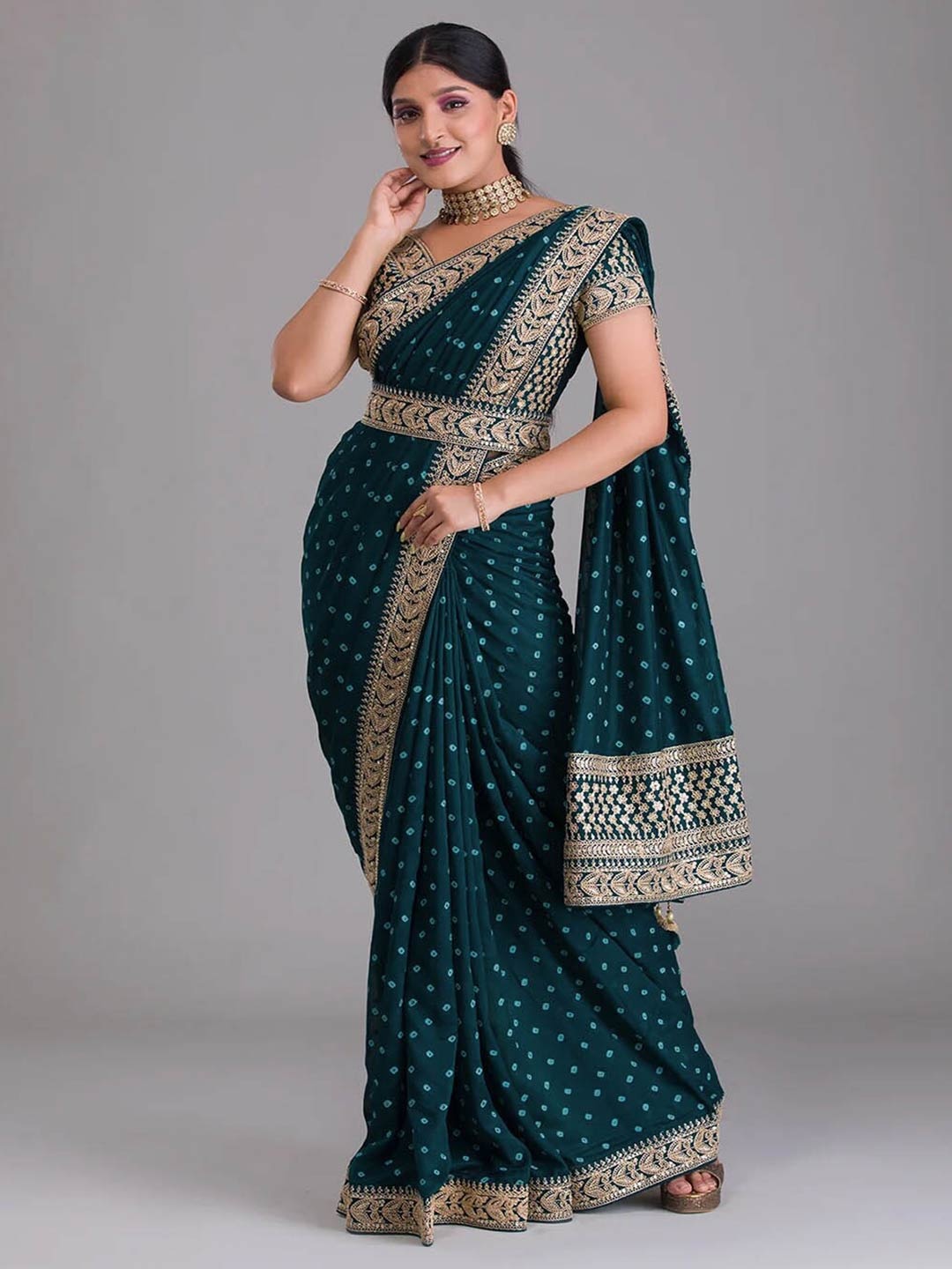 

Mitera Blue & Gold-Toned Bandhani Embroidered Poly Chiffon Saree