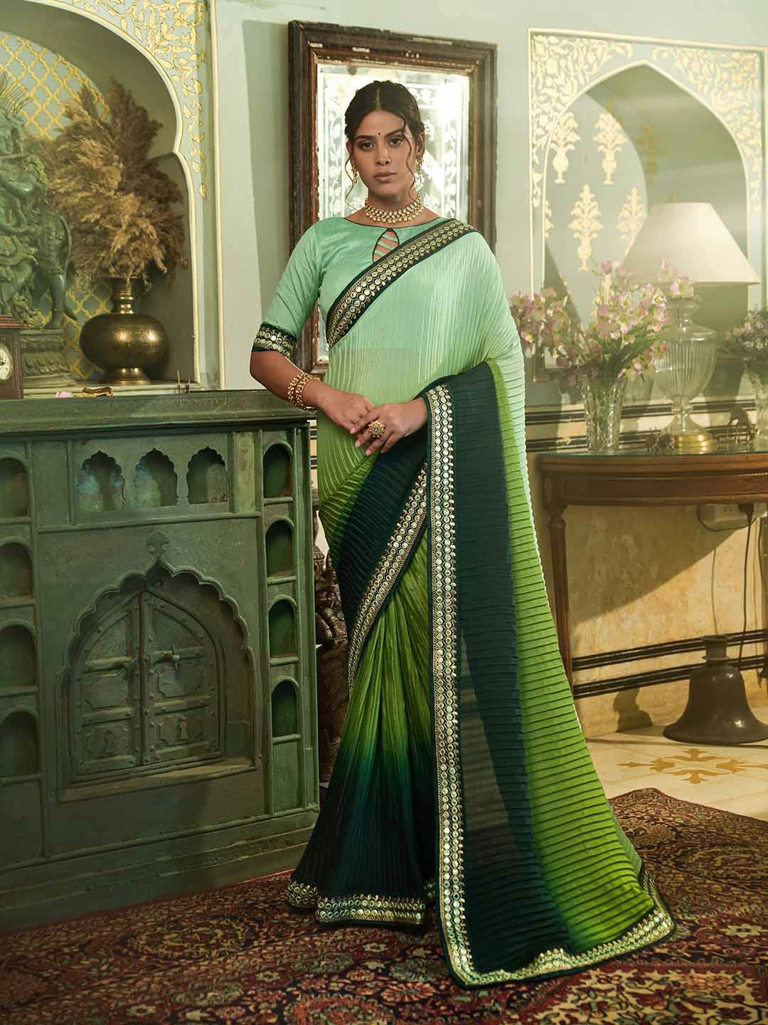 

Mitera Ombre Embroidered Poly Chiffon Saree, Green