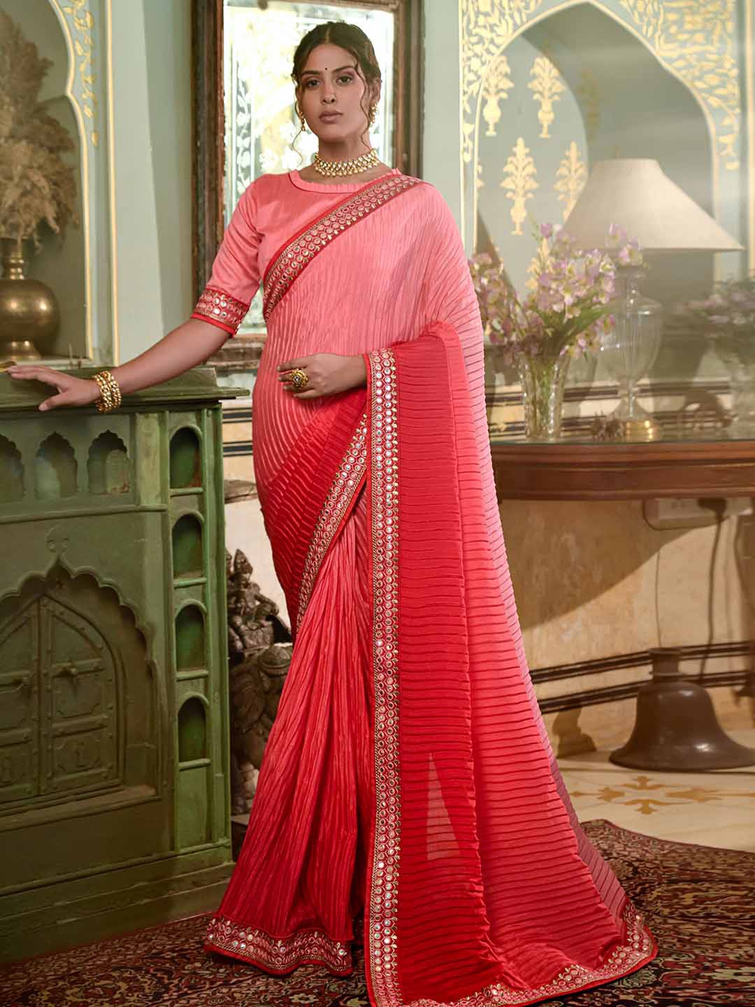 

Mitera Red & Gold-Toned Ombre Embroidered Poly Chiffon Saree