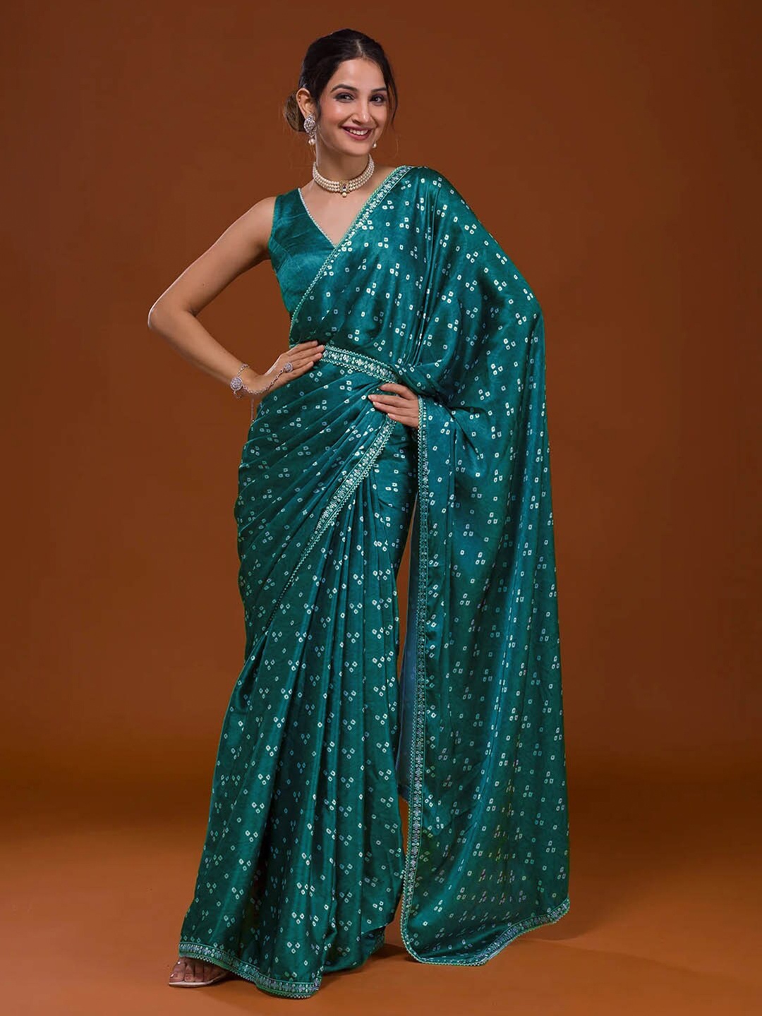 

Mitera Blue & White Bandhani Sequinned Satin Saree