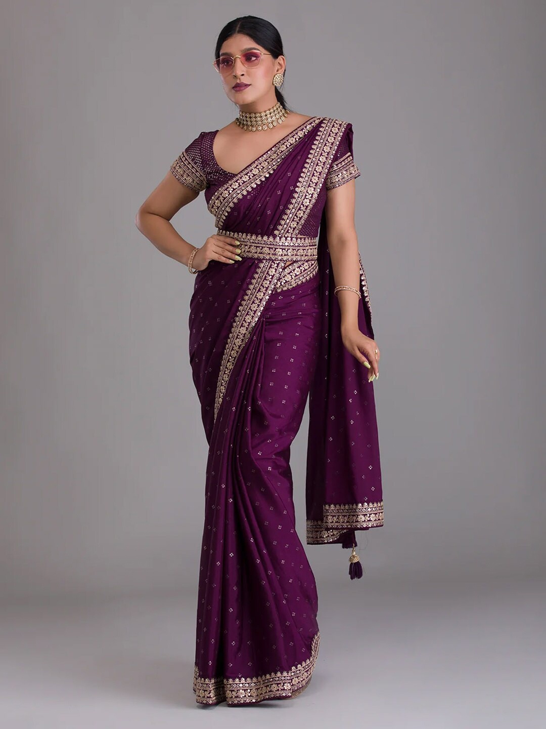 

Mitera Purple & Gold-Toned Bandhani Embroidered Poly Chiffon Saree