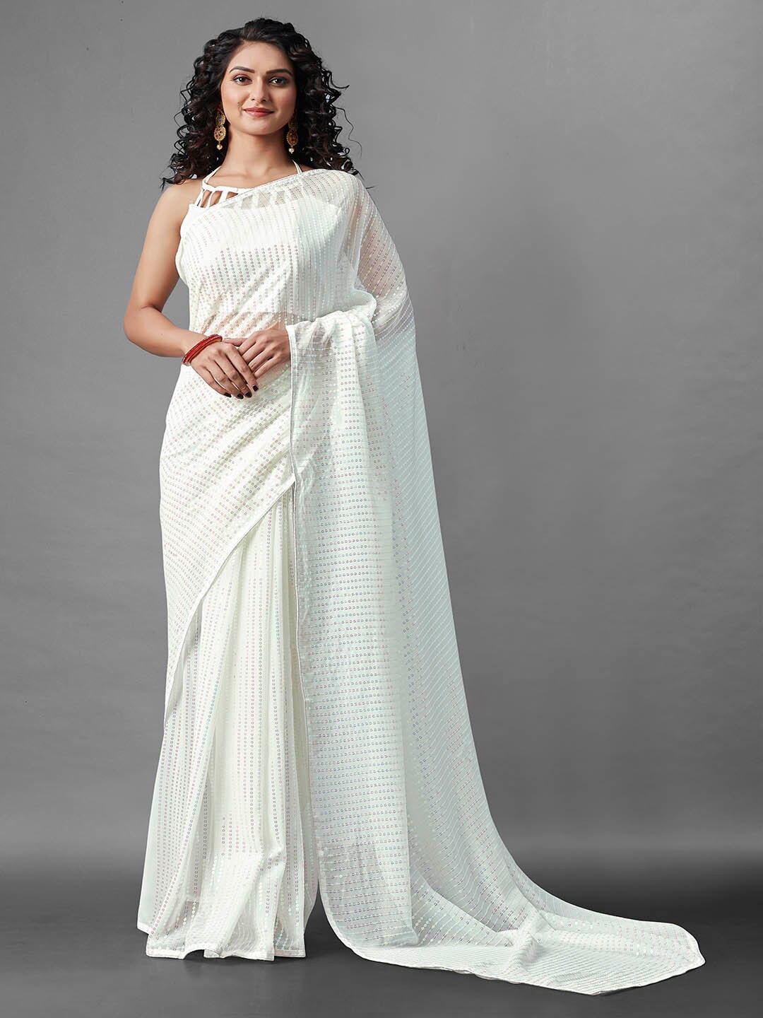 

Mitera White Embellished Sequinned Poly Georgette Designer Saree