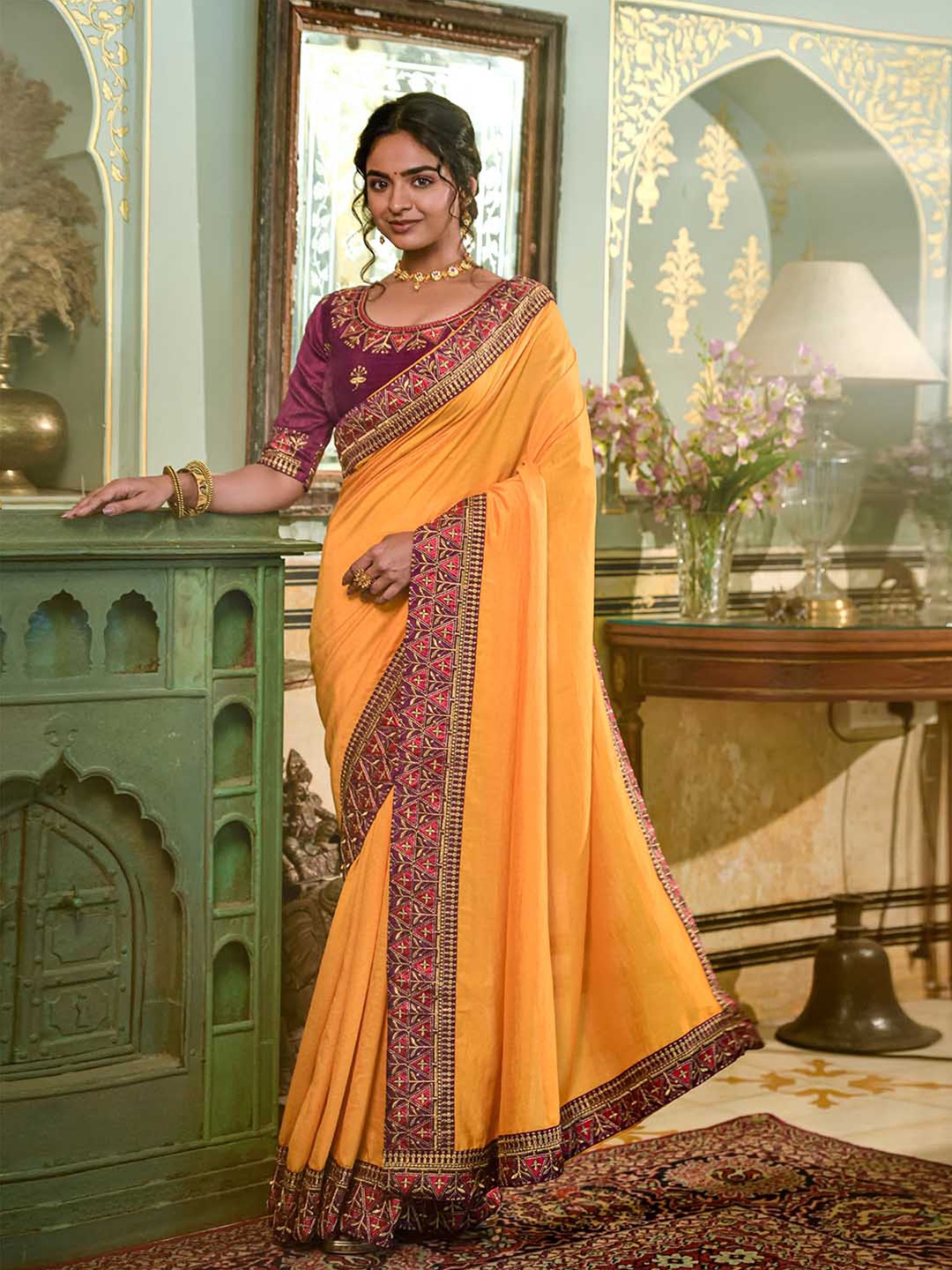 

Mitera Mustard & Burgundy Embroidered Art Silk Saree