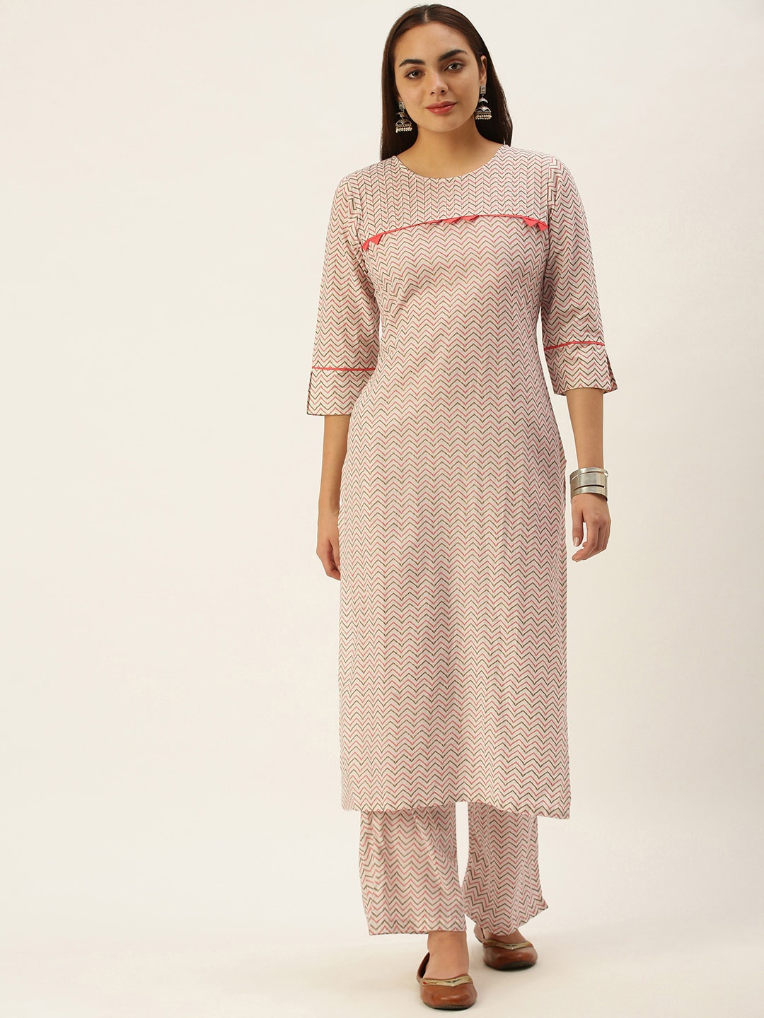 

Saanjh Women White Printed Regular Pure Cotton Kurta With Trousers