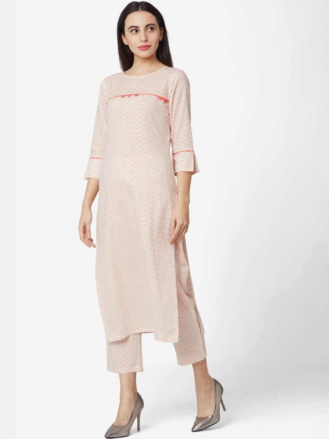 

KALINI Chevron Printed Pure Cotton Kurta With Trousers, Cream