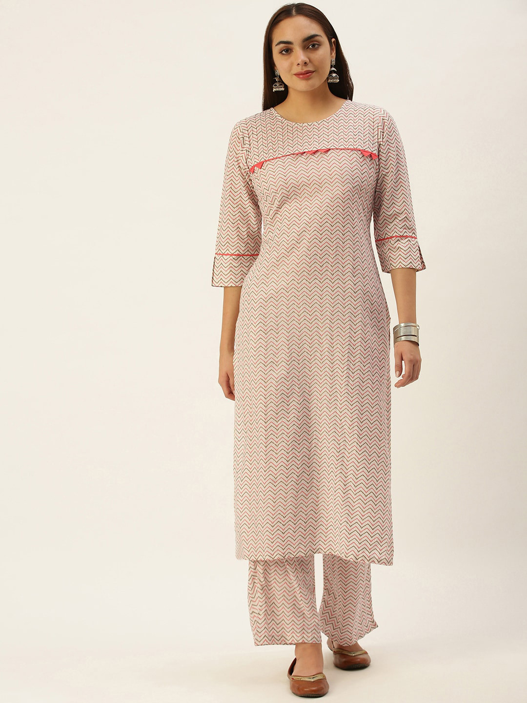 

KALINI Chevron Print Regular Pure Cotton Kurta With Trousers, Cream