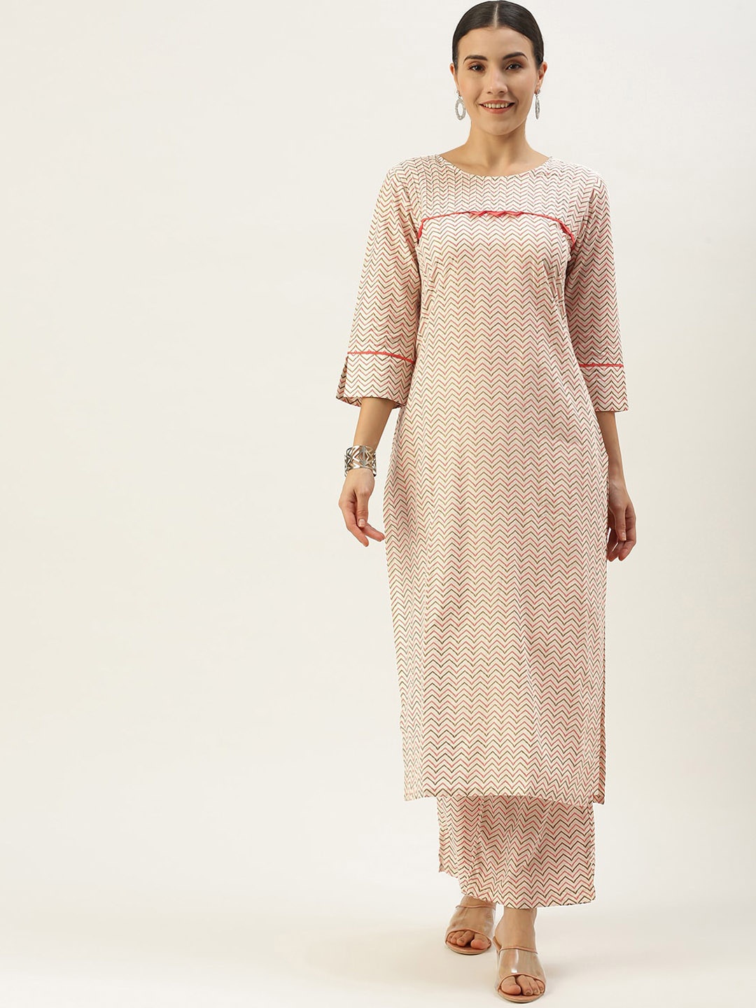 

KALINI Printed Regular Pure Cotton Kurta With Trousers, Cream