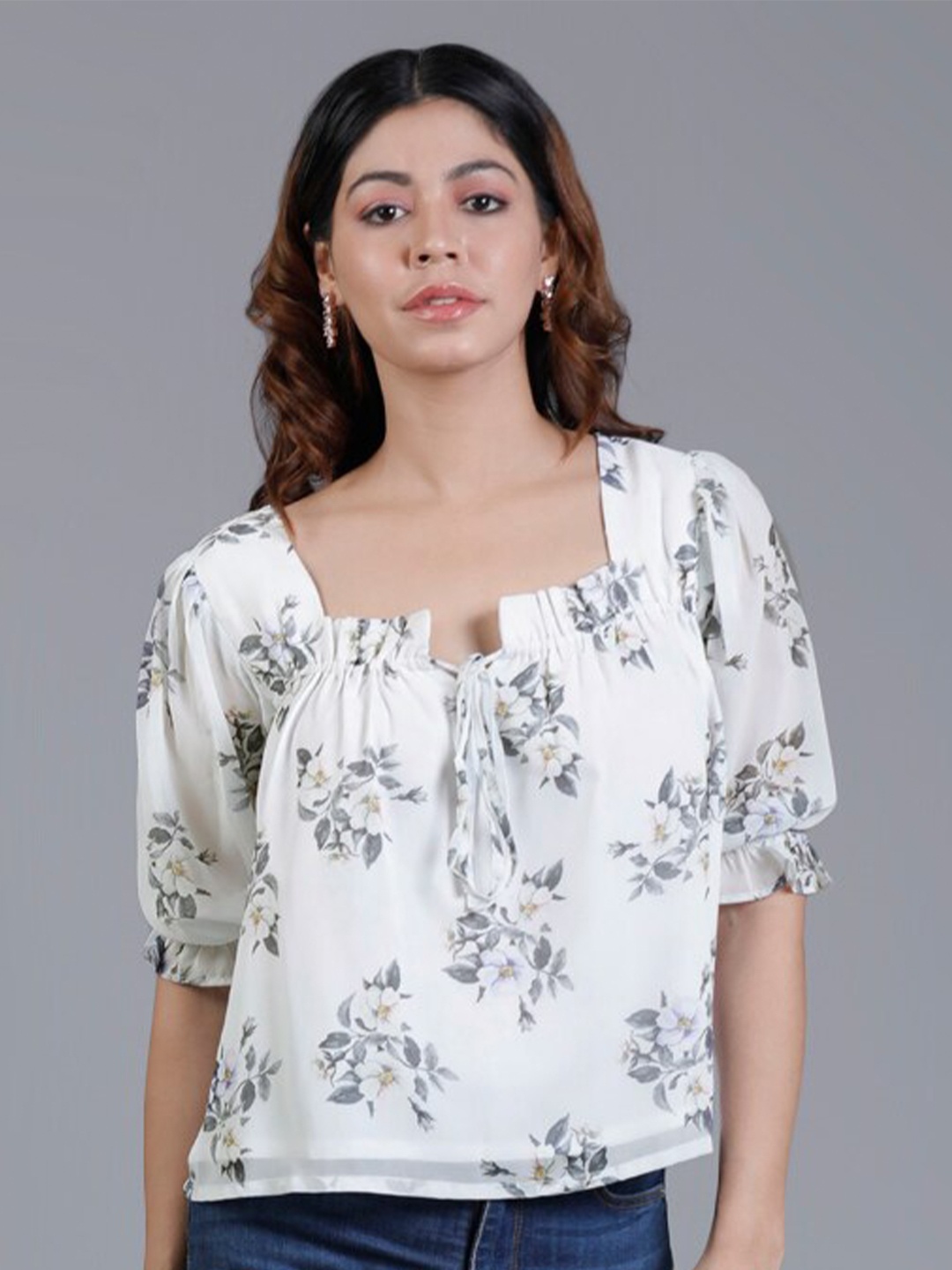 

V TRADITION Floral Print Puff Sleeve Georgette Blouson Top, White
