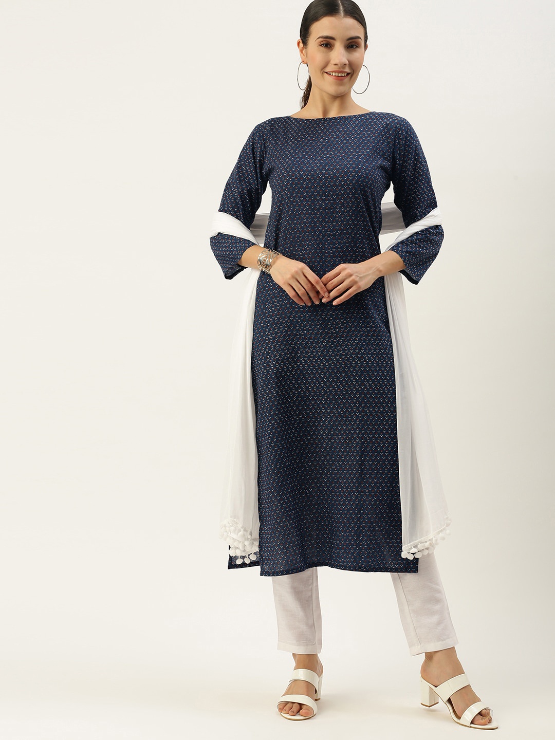 

Saanjh Navy Blue Floral Printed Kurta With Trousers & Dupatta