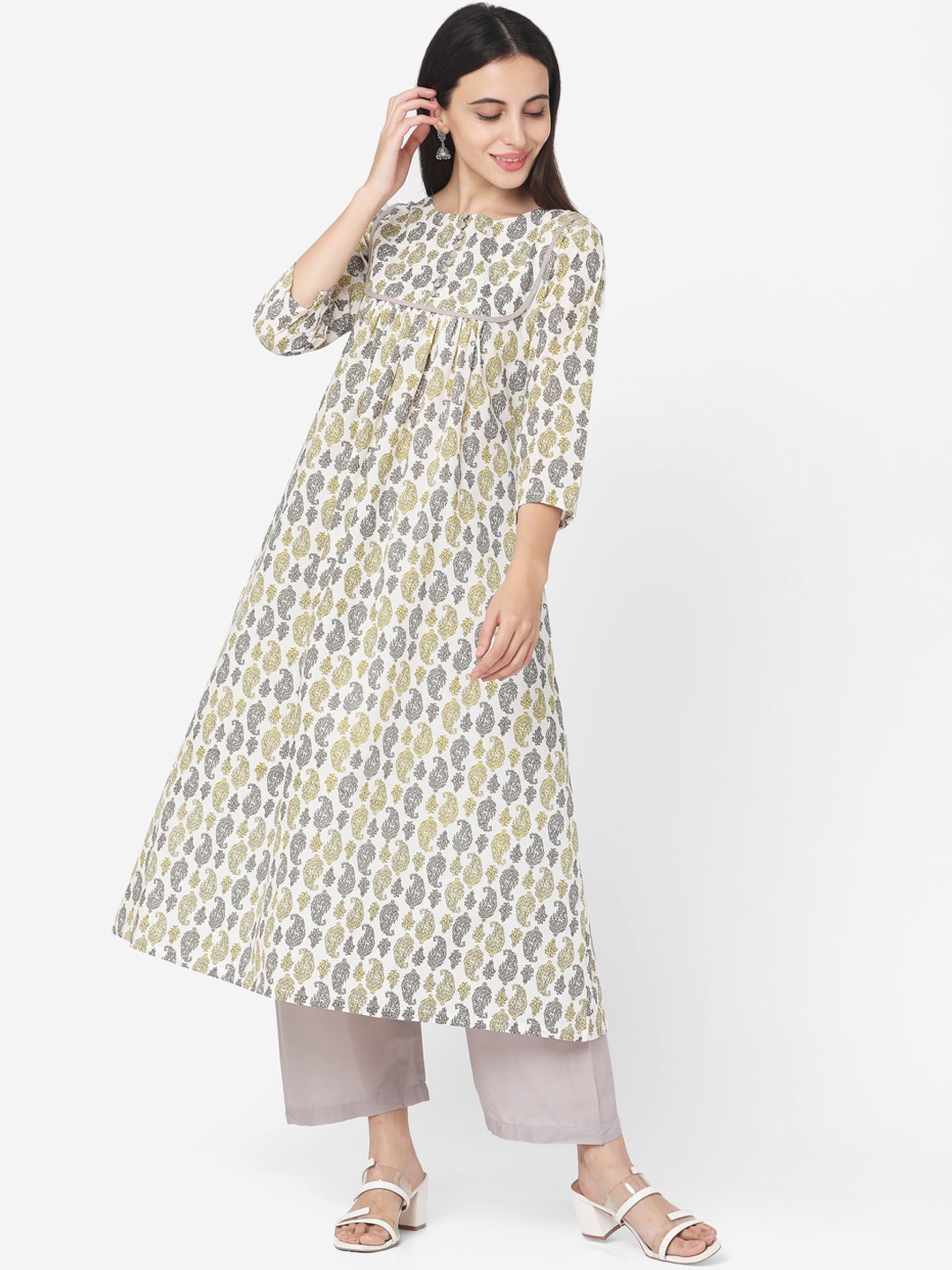 

Saanjh White Paisley Printed Pure Cotton Kurta With Trousers