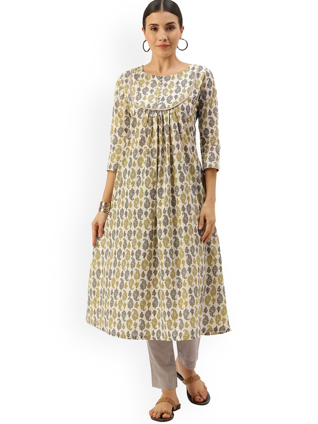 

Saanjh Beige & Grey Paisley Printed Pure Cotton Kurta with Trousers