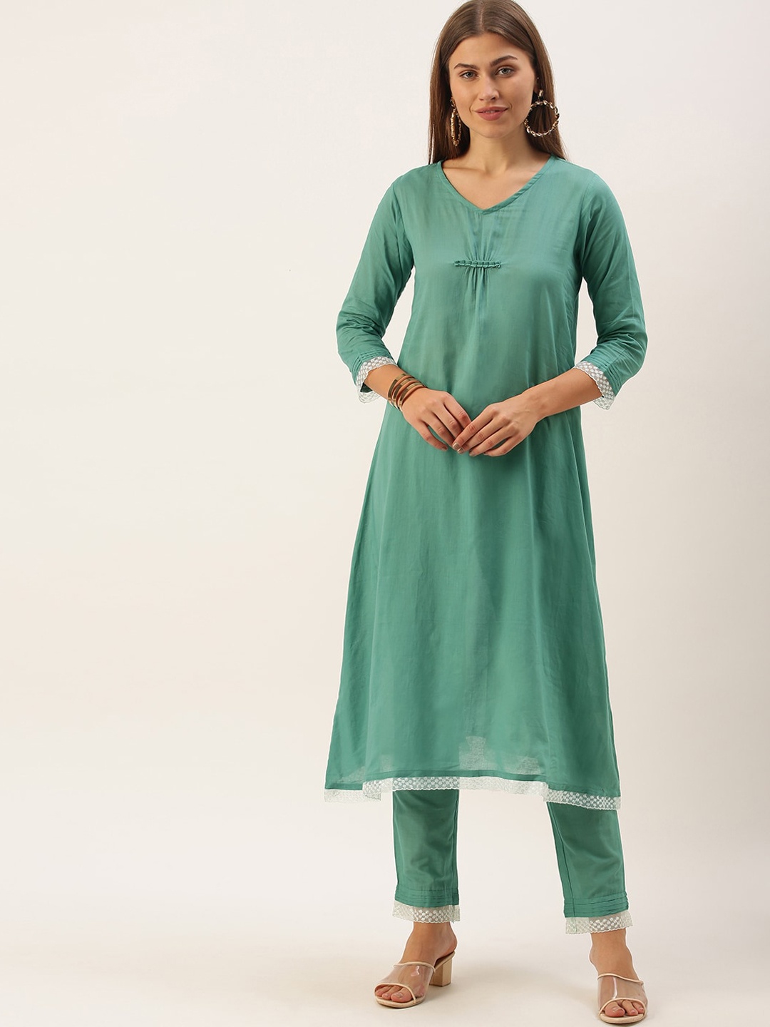 

Saanjh Women Sea Green Pure Cotton Regular A-Line Kurta with Trousers