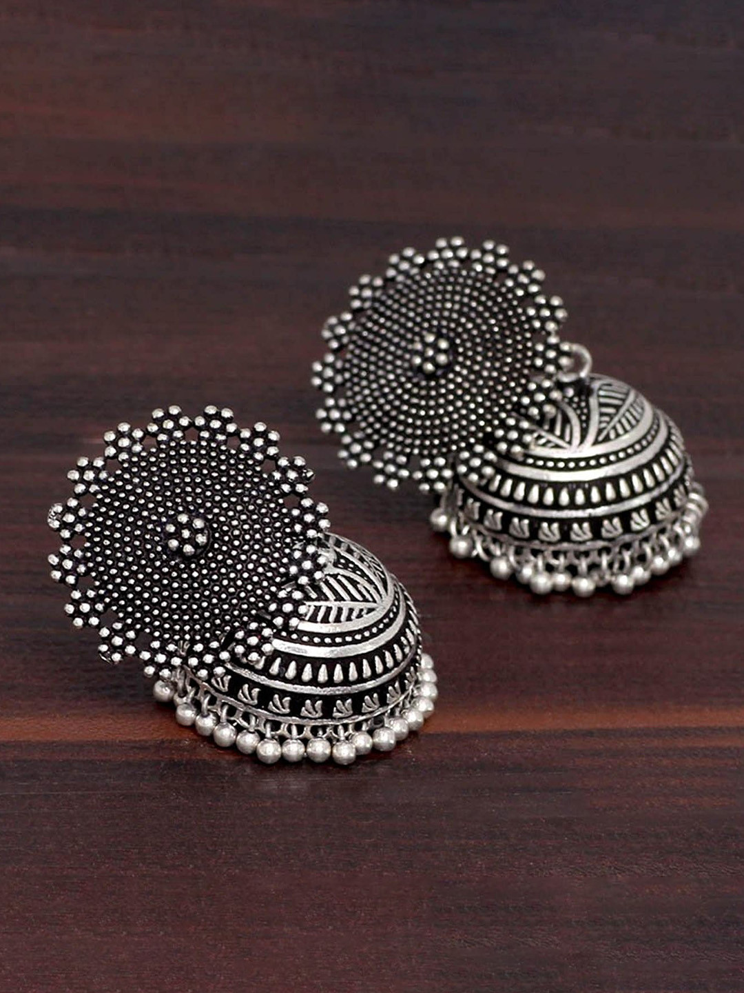 

Crunchy Fashion Rhodium-Plated Oxidised Jhumka Earrings, Silver