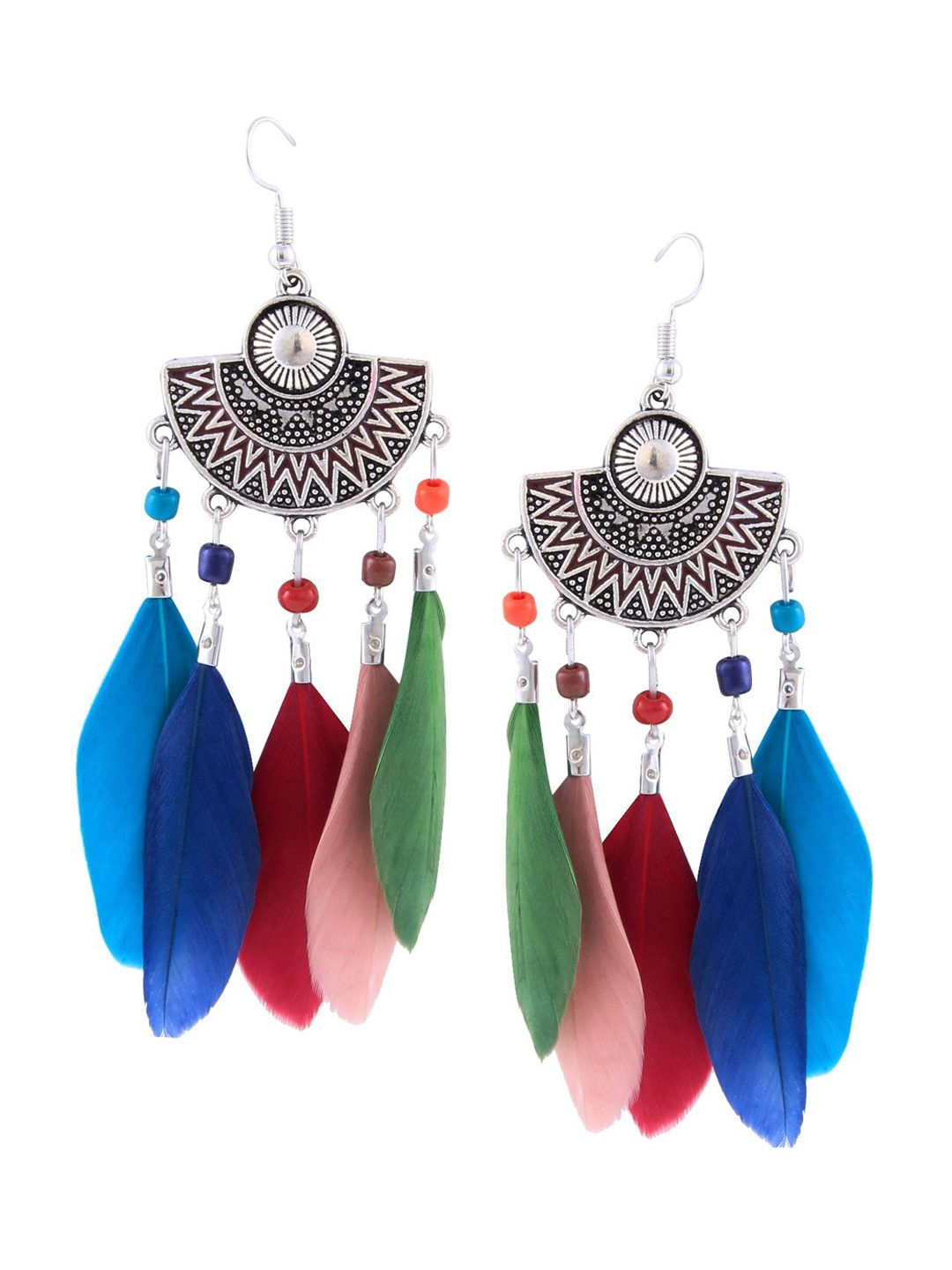 Crunchy Fashion Oxidized Tribal Feather Drop Earrings, Silver