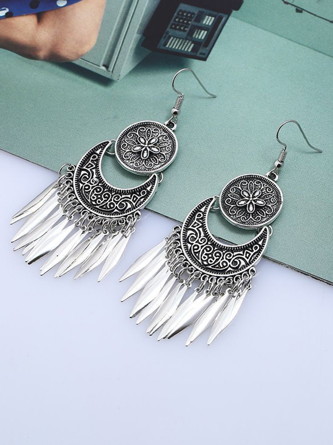 

Crunchy Fashion Rhodium-Plated Oxidised Dangle Chandbalis Earrings, Silver
