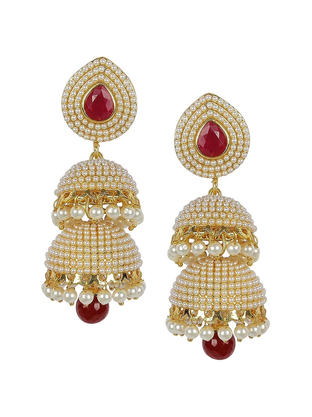 

Crunchy Fashion Gold-Plated Artificial Beads Jhumka Earrings, Red