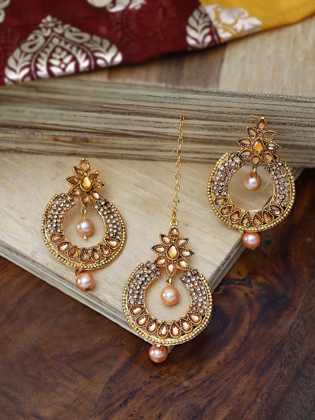 

Crunchy Fashion Gold-Plated Beaded Contemporary Drop Earrings With Mang Tika