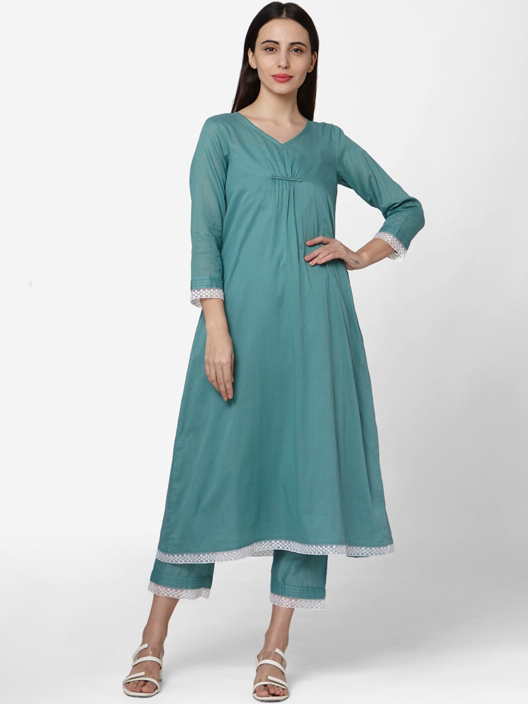 

KALINI V-Neck Regular Pure Cotton A-Line Kurta With Palazzos, Teal