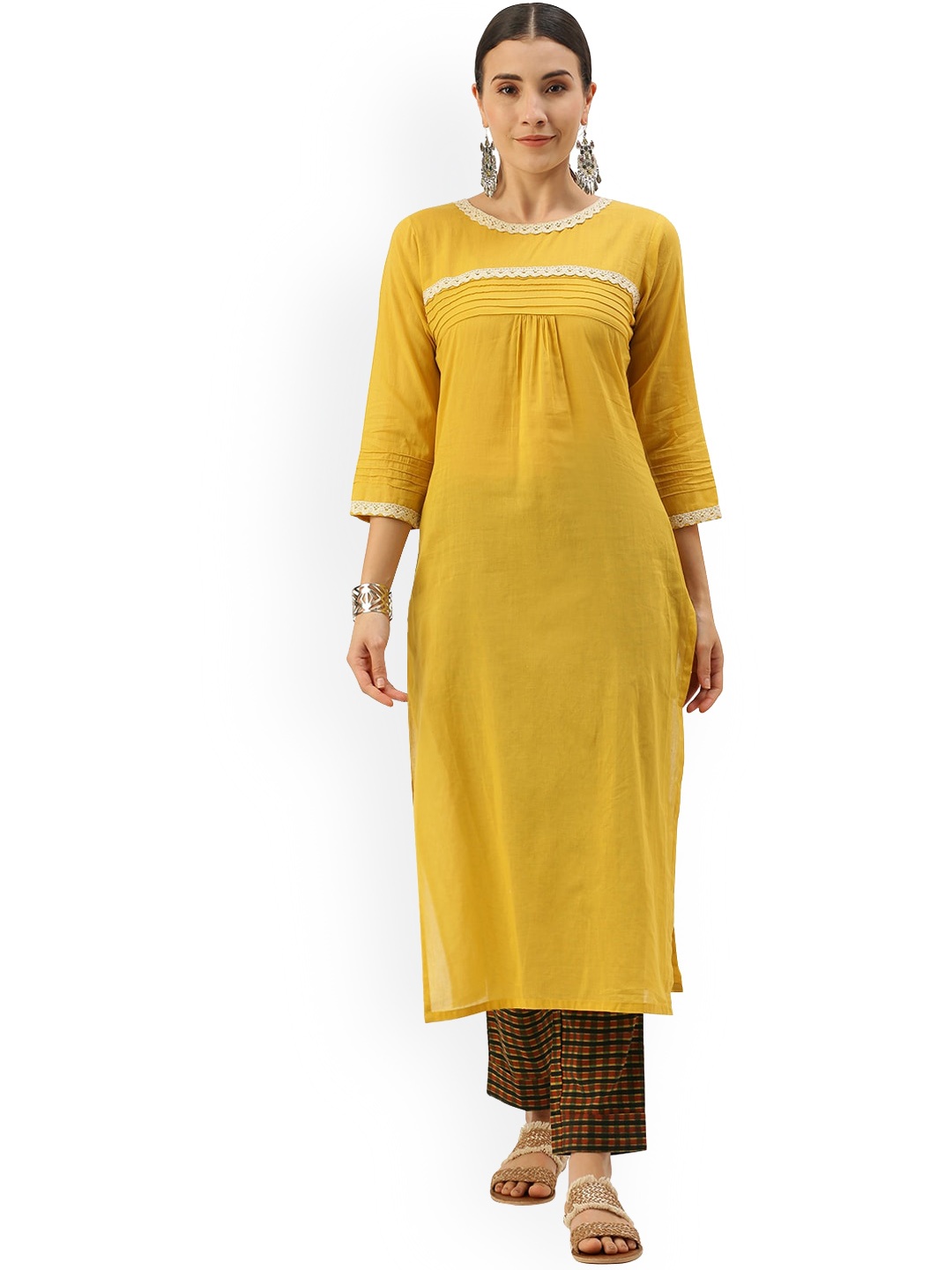 

Saanjh Yellow & Brown Pure Cotton A-line Kurta With Checked Trousers