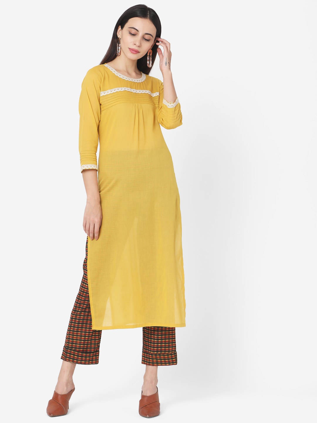 

Saanjh Yellow Pure Cotton Straight Kurta With Trousers