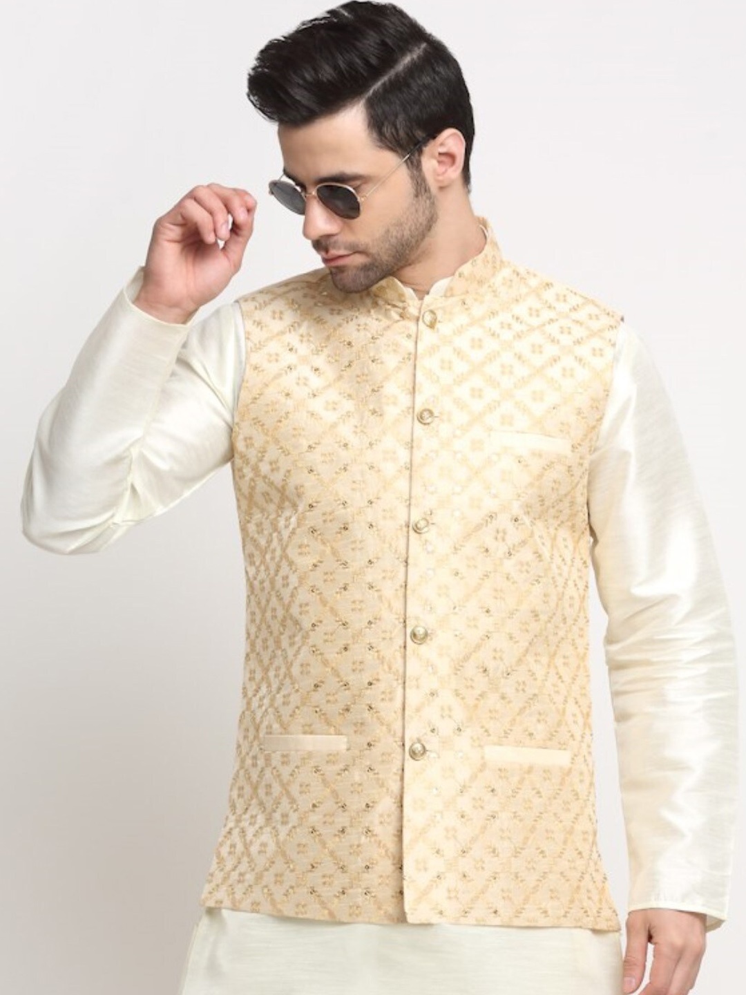 

KRAFT INDIA Manadrin Collar Sequined Zari Embroidered Nehru Jackets, Beige