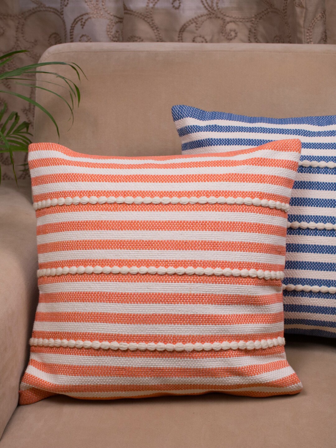 

Spun by Welspun Spun Orange & White Striped Cotton Square Cushion Cover