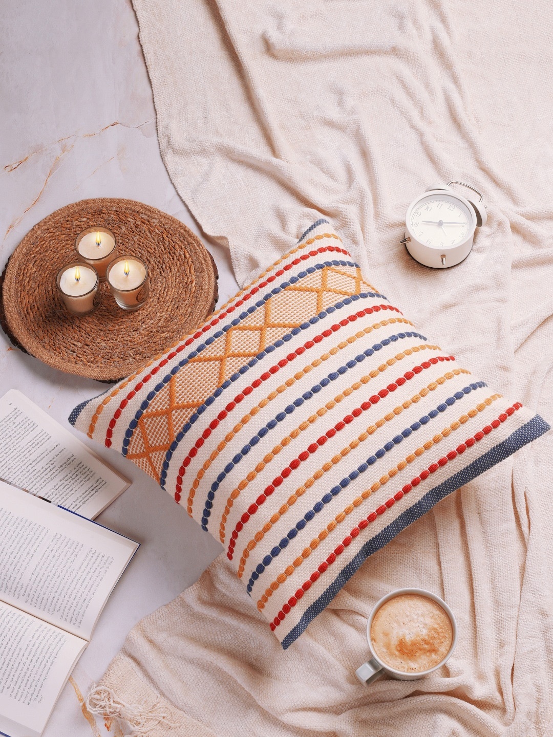 

Spun by Welspun Spun White & Blue Striped Cotton Square Cushion Cover