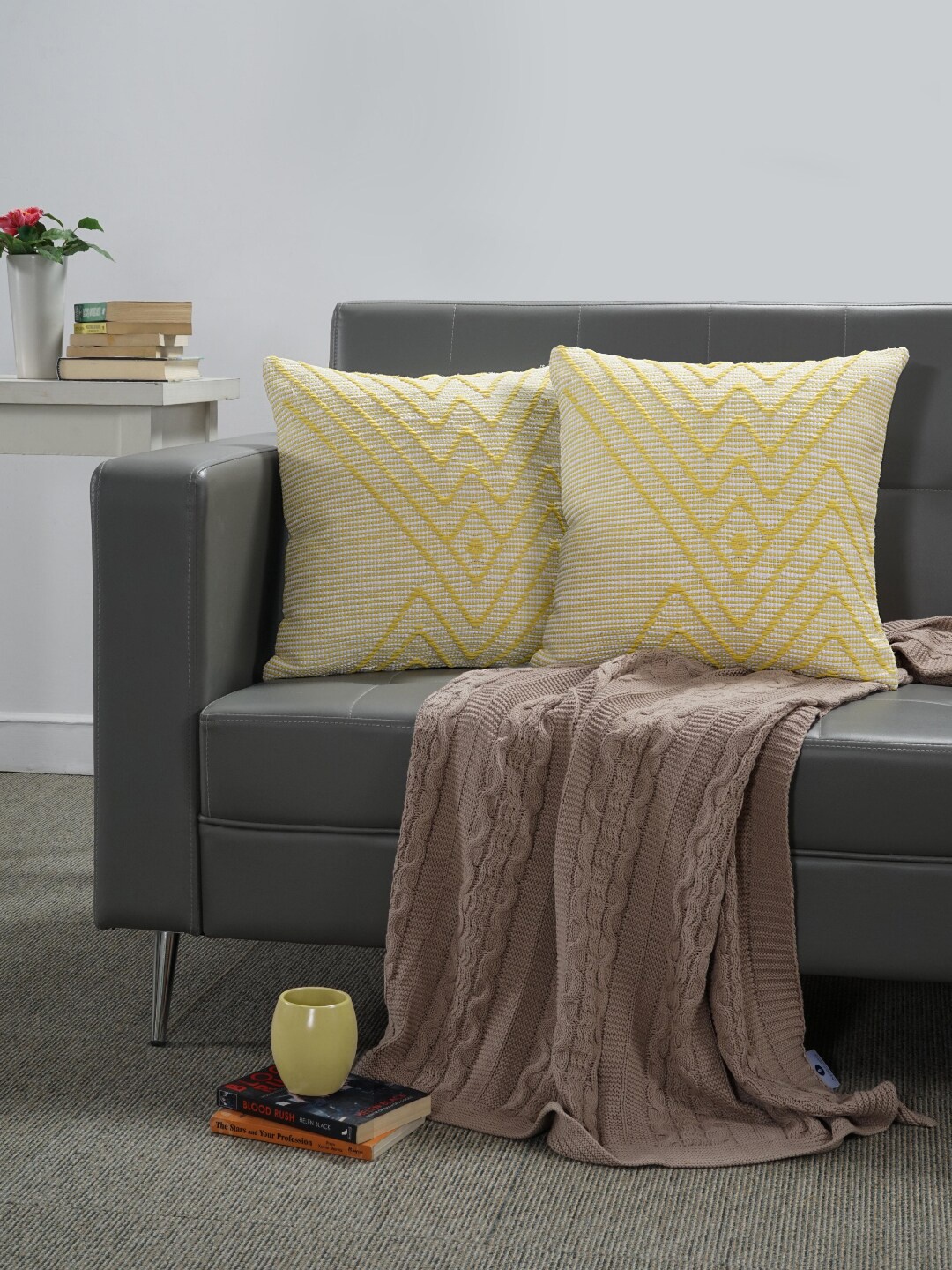 

Spun by Welspun Spun Yellow & White Striped Cotton Square Cushion Covers