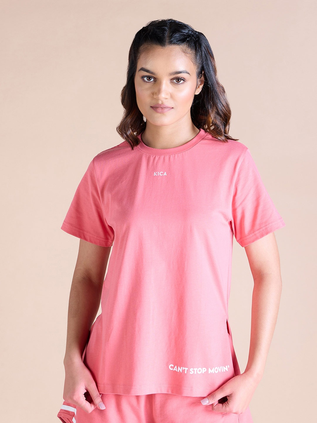 

KICA Typography Printed Round Neck Side Slit Cotton T-shirt, Pink