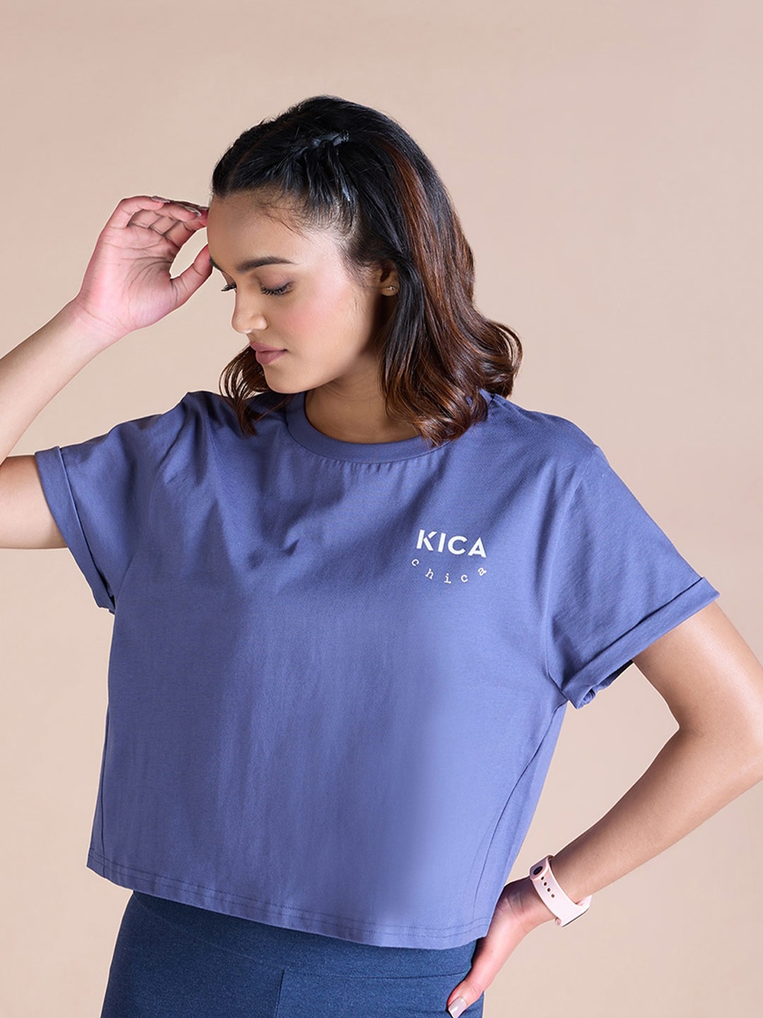 

KICA Round Neck Cotton Boxy Crop T-shirts, Blue