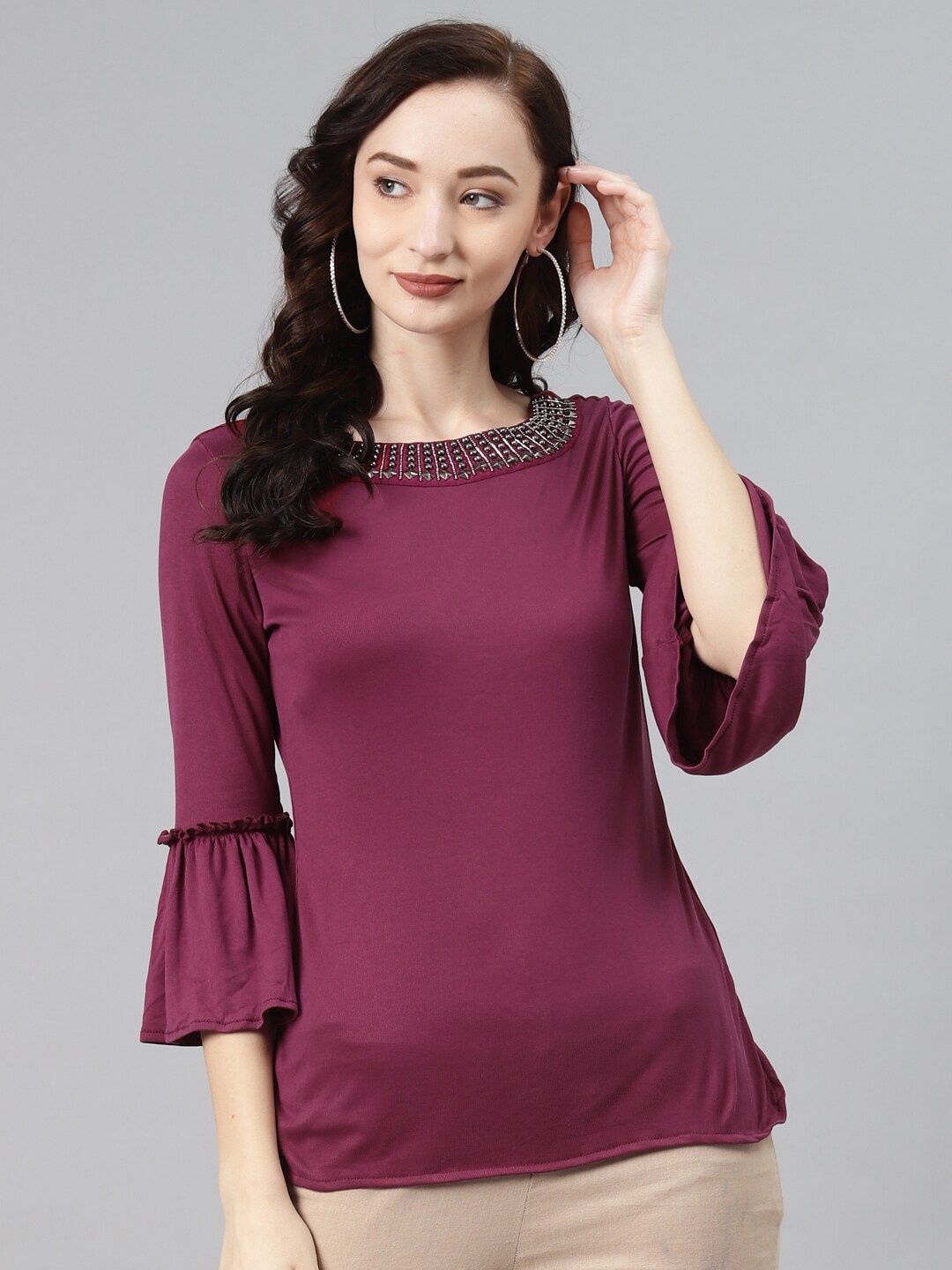 

Nayam By Lakshita Bell Sleeves Studded Regular Top, Maroon