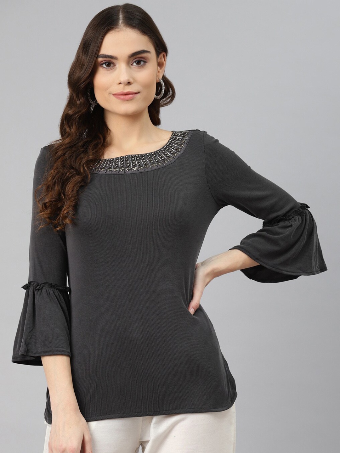 

Nayam By Lakshita Bell Sleeves Studded Top, Charcoal