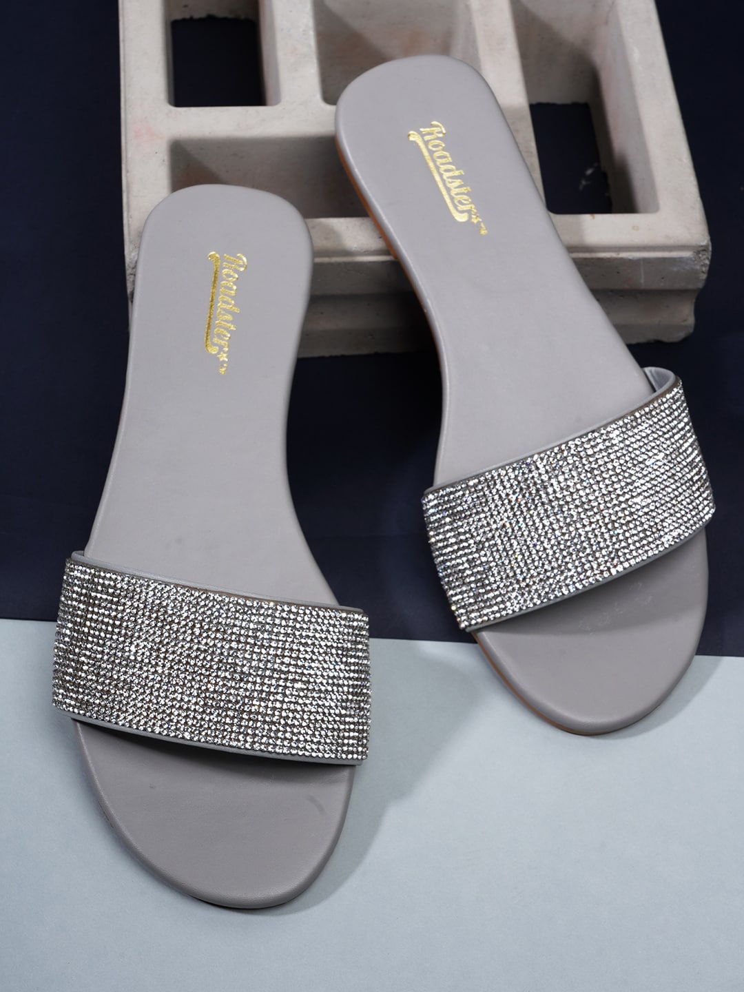 

The Roadster Lifestyle Co. Grey And Silver-Toned Embellished Open Toe Flats