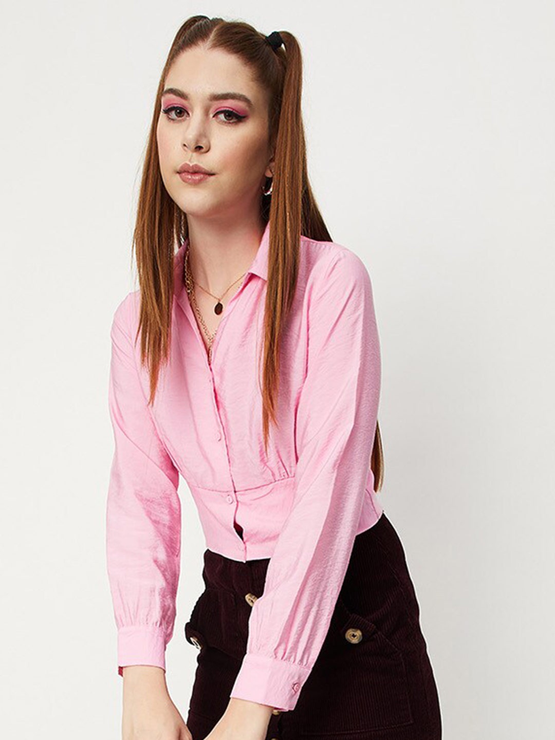 

max Spread Collar Pleated Casual Shirt, Pink