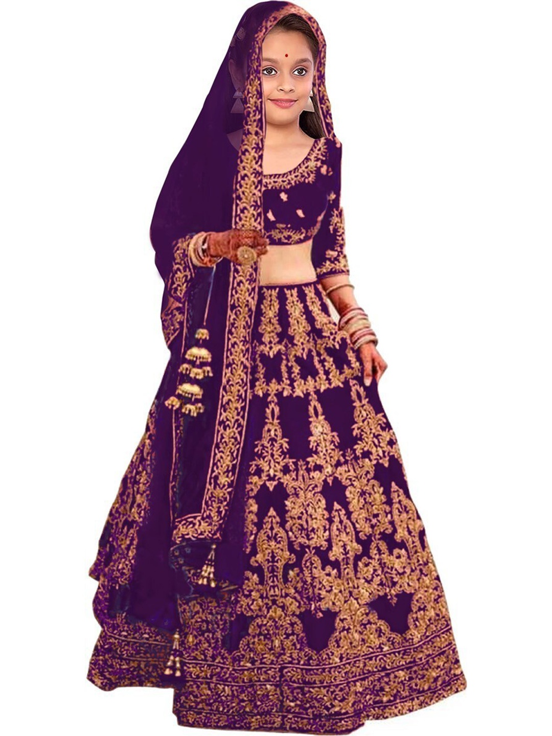 

BAESD Girls Embroidered Thread Work Semi-Stitched Lehenga & Unstitched Blouse With Dupatta, Purple