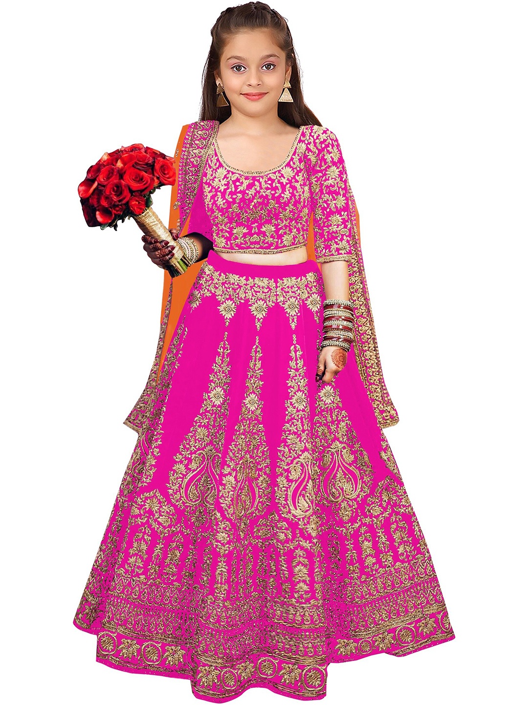 

BAESD Girls Embroidered Semi-Stitched Lehenga & Unstitched Blouse With Dupatta, Pink