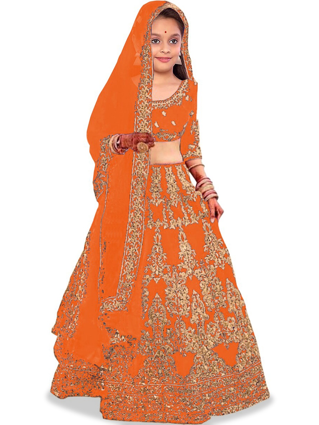 

BAESD Girls Embroidered Semi-Stitched Lehenga & Unstitched Blouse With Dupatta, Orange