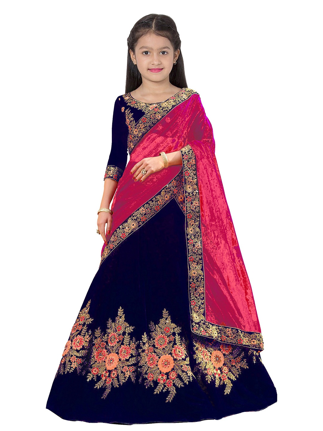 

BAESD Girls Embroidered Thread Work Semi-Stitched Lehenga & Unstitched Blouse With Dupatta, Navy blue