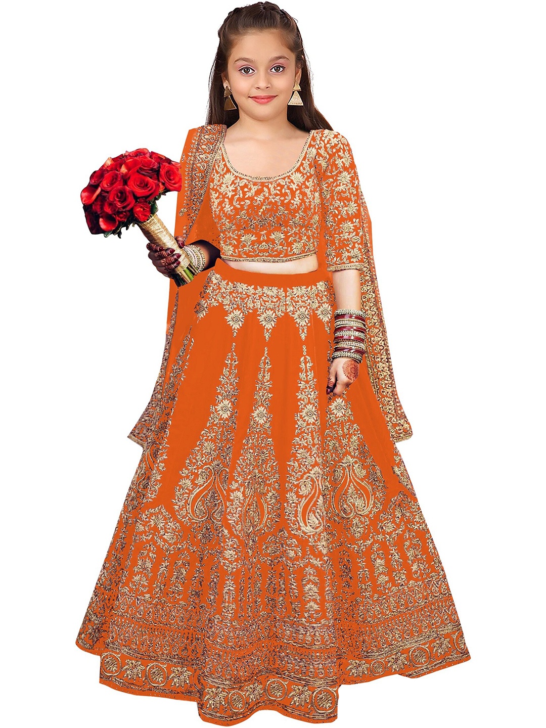 

BAESD Girls Embroidered Semi-Stitched Lehenga & Unstitched Blouse With Dupatta, Orange
