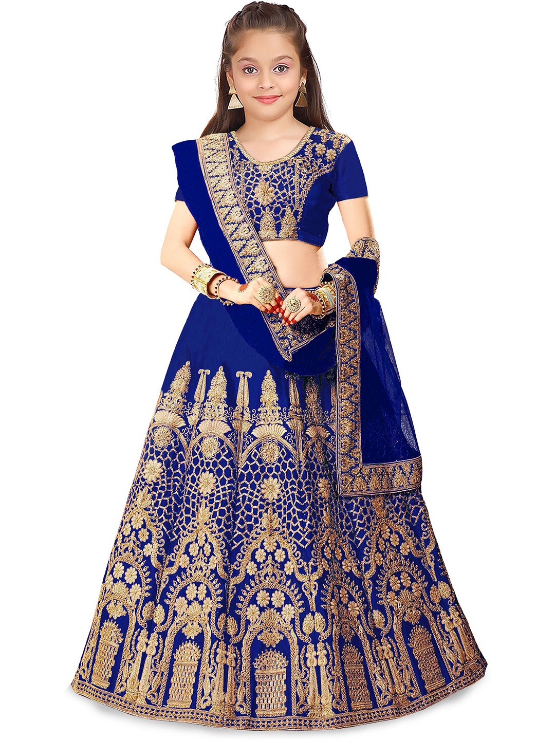 

BAESD Girls Embroidered Semi-Stitched Lehenga & Unstitched Blouse With Dupatta, Navy blue