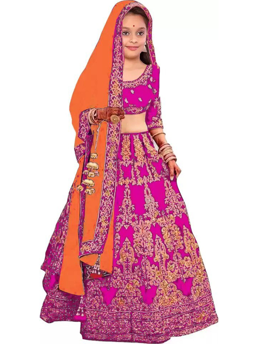 

BAESD Girls Embroidered Semi-Stitched Lehenga & Unstitched Blouse With Dupatta, Pink