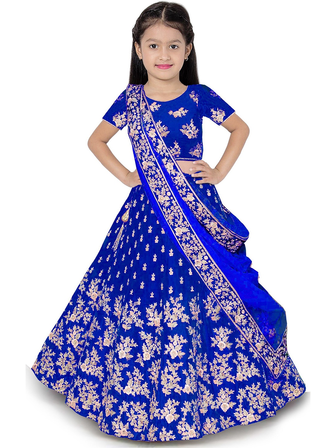 

BAESD Girls Embroidered Semi-Stitched Lehenga & Unstitched Blouse With Dupatta, Blue