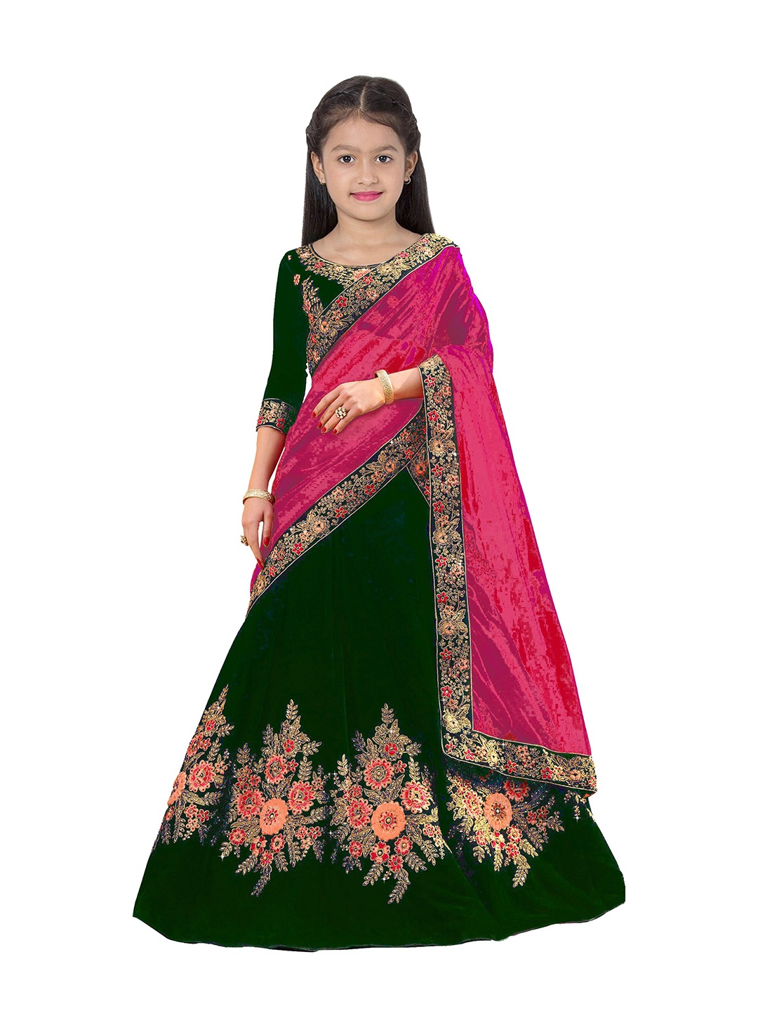 

BAESD Girls Embroidered Semi-Stitched Lehenga & Unstitched Blouse With Dupatta, Green