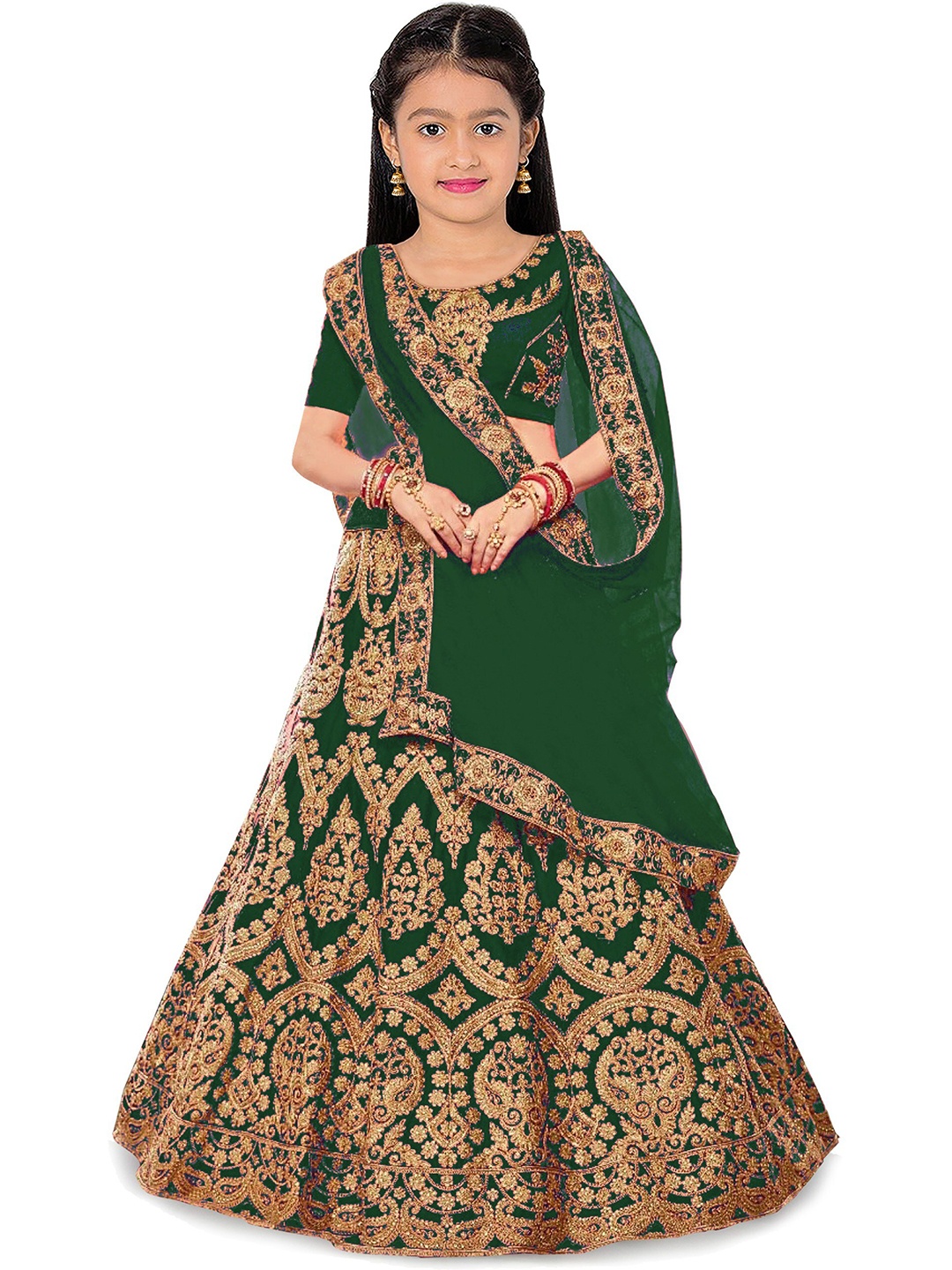

BAESD Girls Embroidered Semi-Stitched Lehenga & Unstitched Blouse With Dupatta, Green