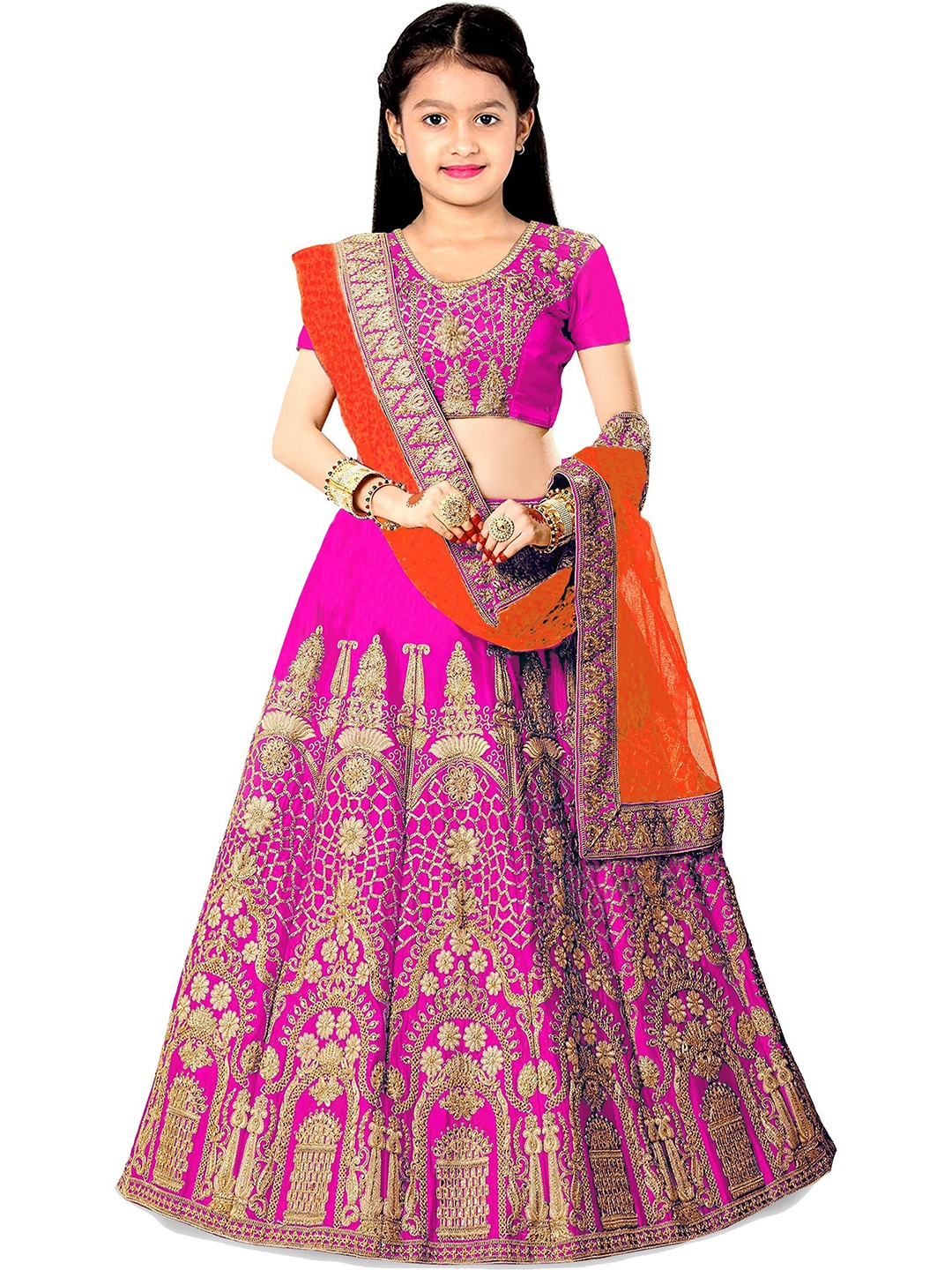 

BAESD Girls Embroidered Thread Work Semi-Stitched Lehenga & Unstitched Blouse With Dupatta, Pink